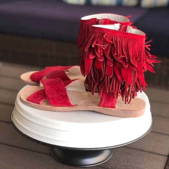 Jeffery Campbell RED Nerida Fringed Suede Sandals - Picture 3 of 10